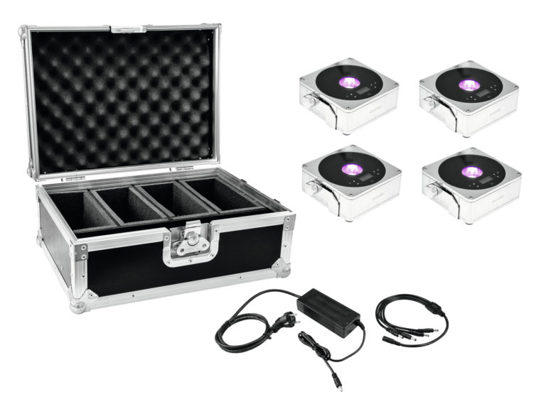 EUROLITE Set 4x AKKU Flat Light 1 chrome + Case + Charger