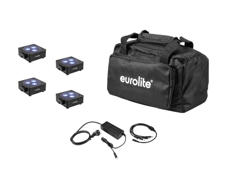 EUROLITE Set 4x AKKU Flat Light 3 bk + Charger + Soft-Bag