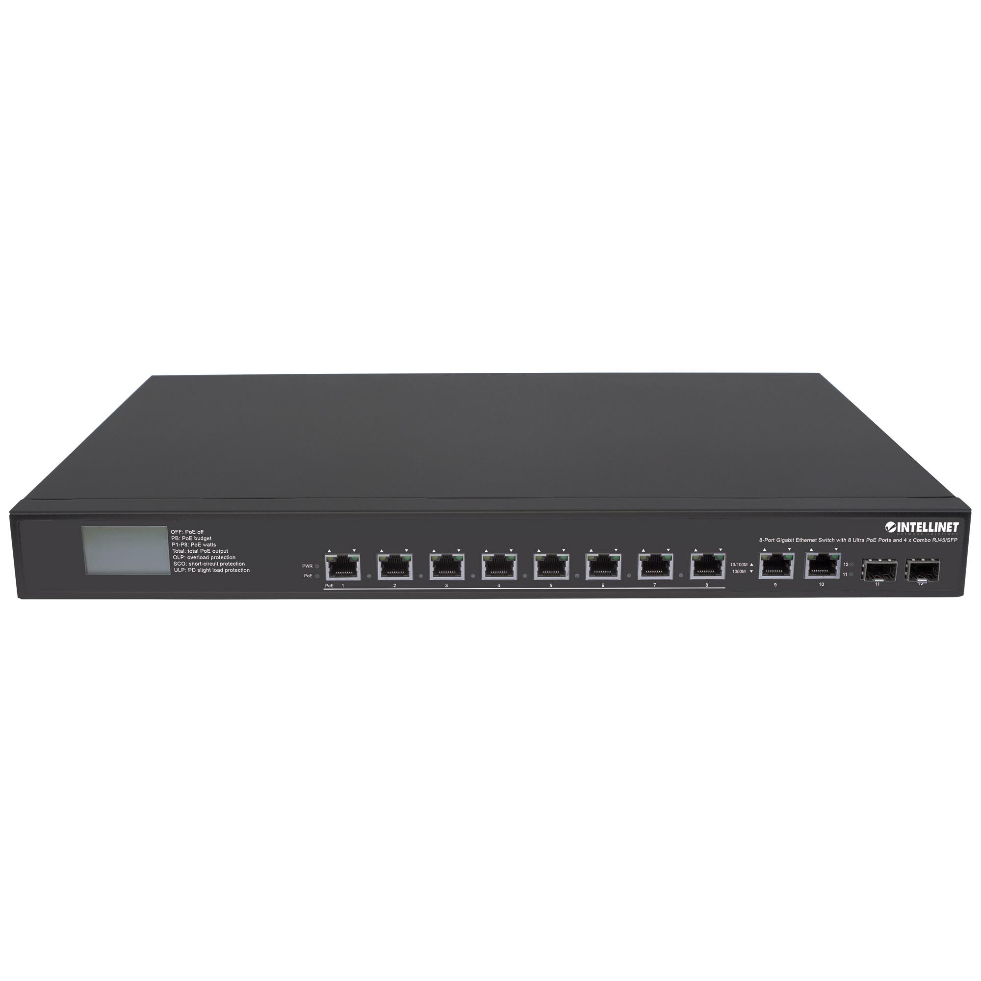 Gigabit Ethernet Switch 8 porte Ultra PoE con 4 porte Uplink e schermo LCD