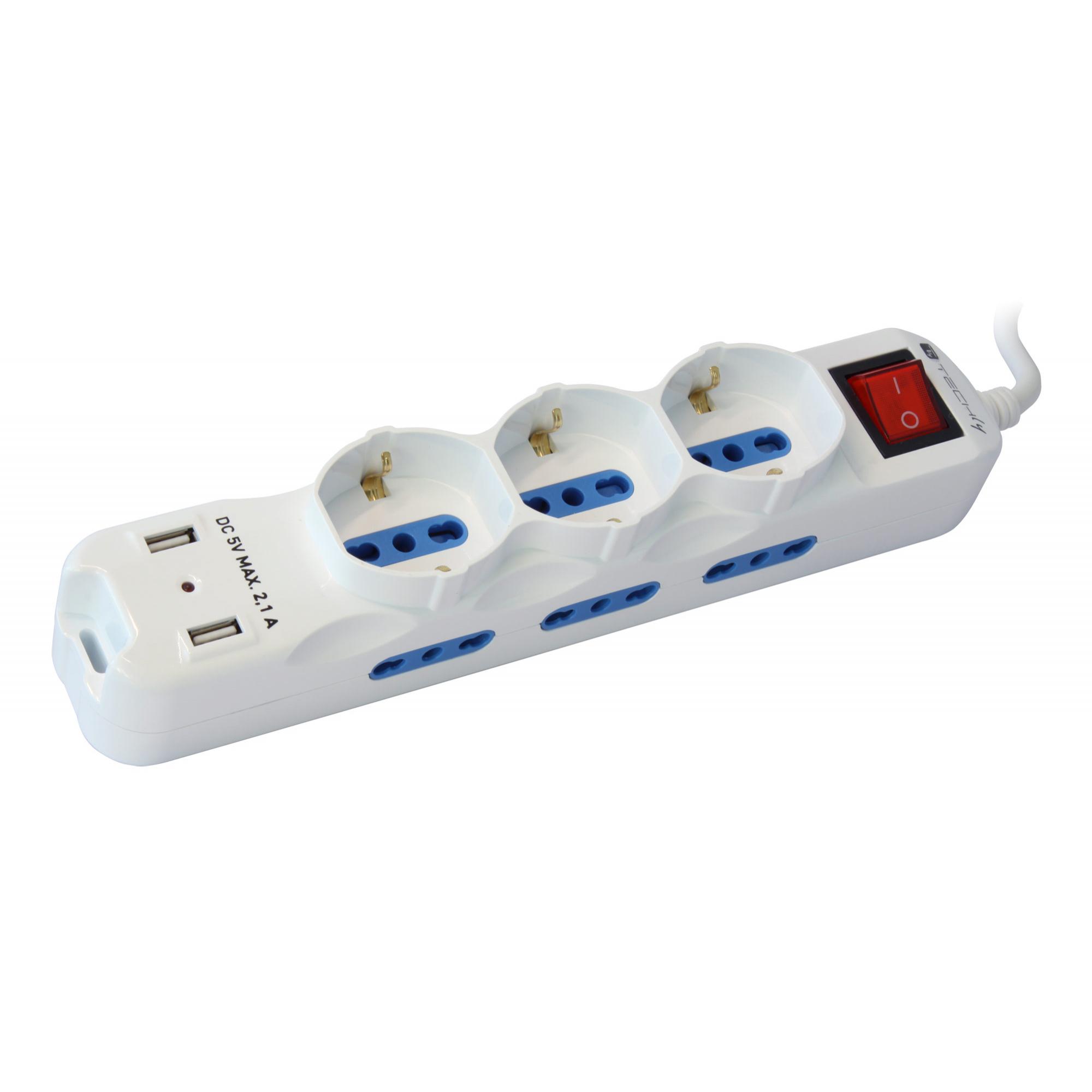 Multipresa 6 Posti Italiana Bipasso con 2 Prese USB Bianca