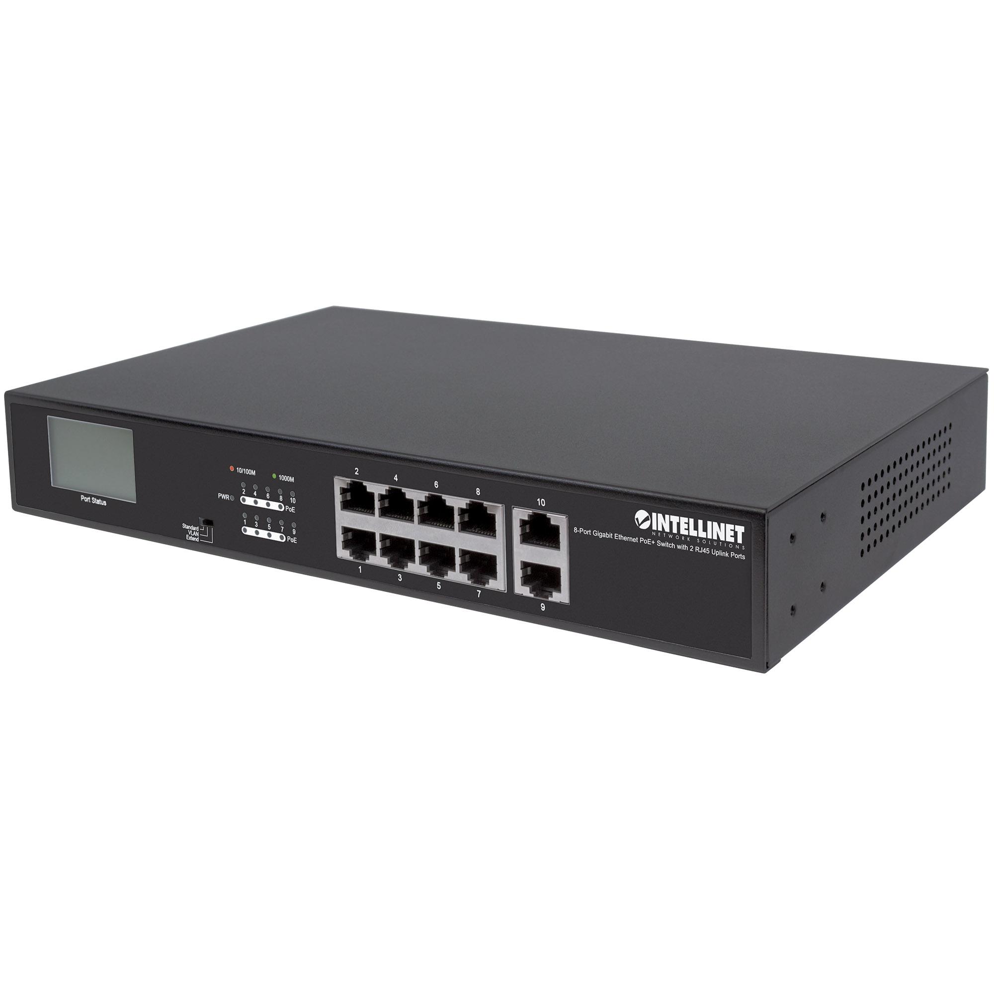 Switch Gigabit Ethernet PoE+ 8 porte con 2 porte RJ45 Uplink e display LCD