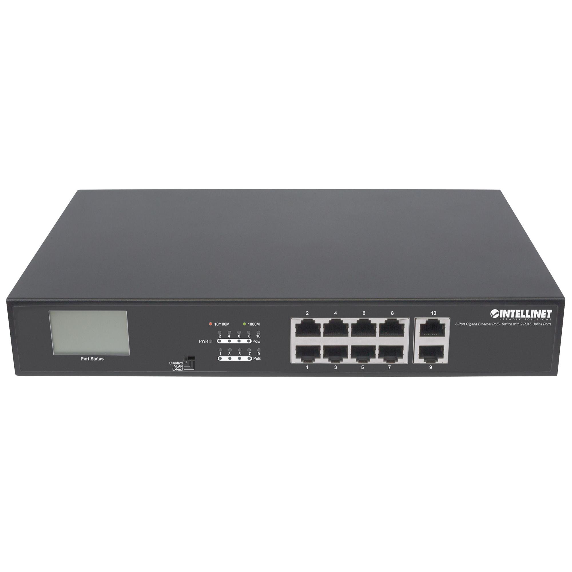 Switch Gigabit Ethernet PoE+ 8 porte con 2 porte RJ45 Uplink e display LCD