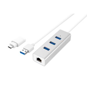 Hub 3 porte USB3.0 con Ethernet LAN 1Gigabit e adattatore USB-C