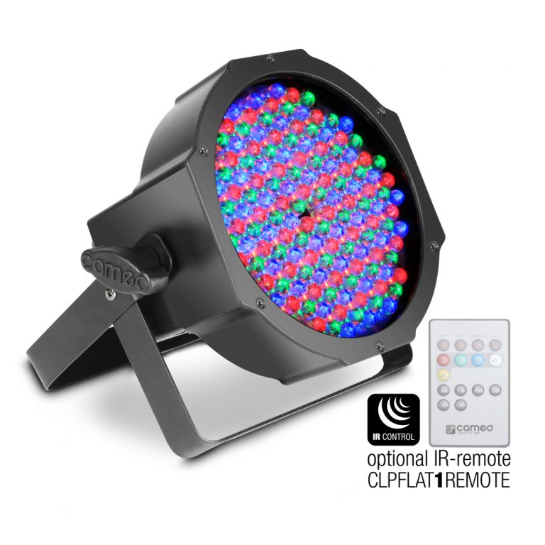 Cameo FLAT PAR RGB 10 IR - Proiettore PAR spot RGB PIATTO a 144 LED da 10 mm in alloggiamento nero con telecomando a infrarossi come opzione