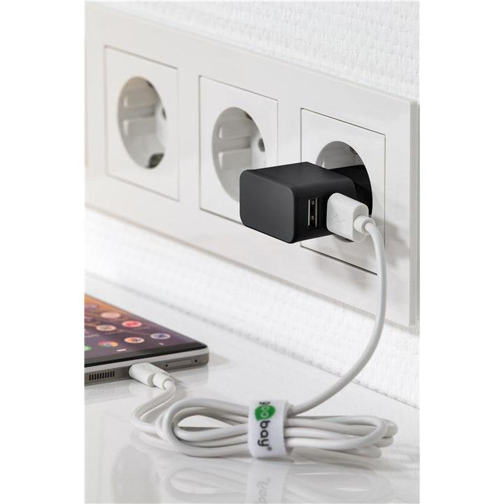 Caricatore da Muro 2 porte USB-A Slim Design 12W Nero