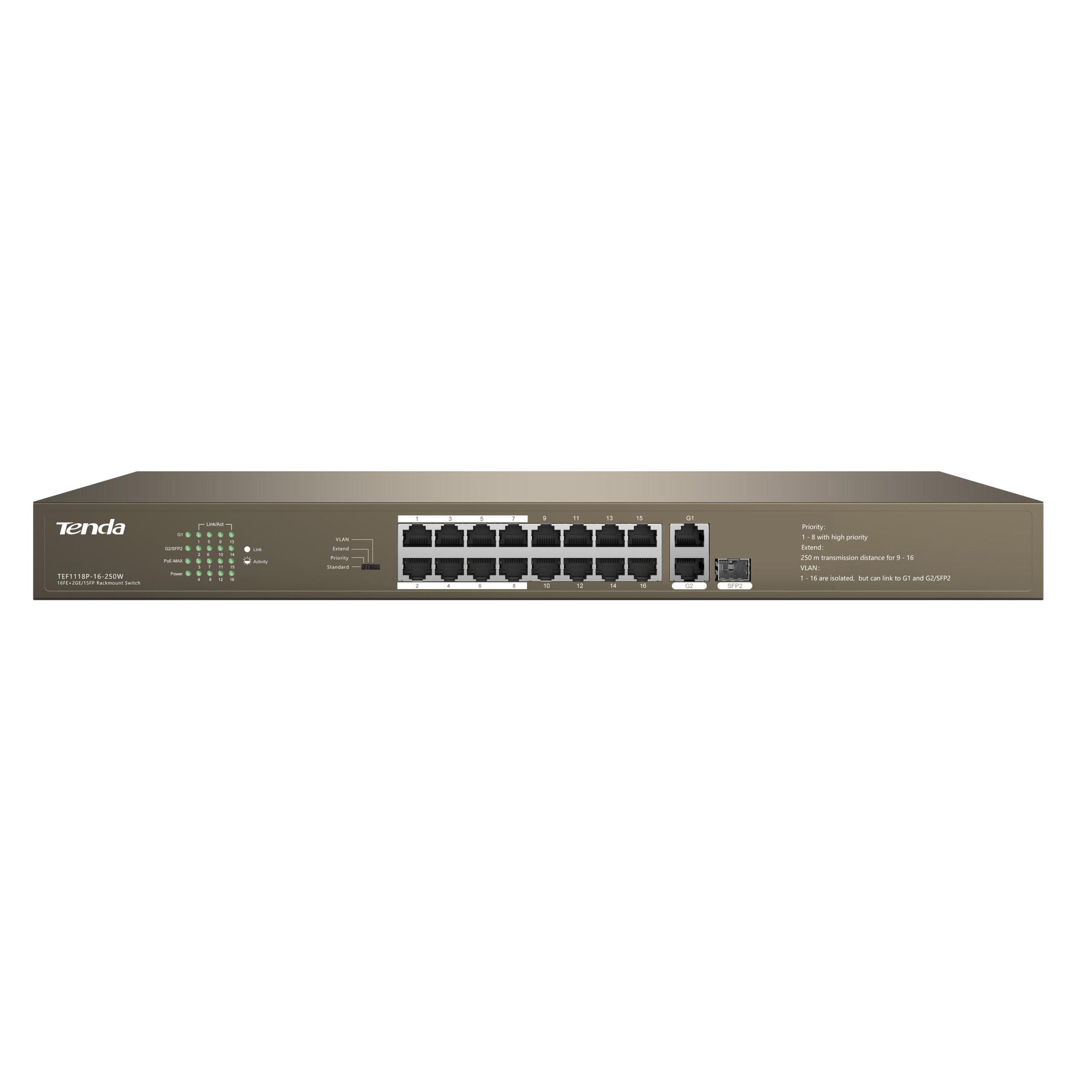 Switch Desktop 16 porte 10/100M PoE 250W + 2 GE, TEF1118P-16-250W